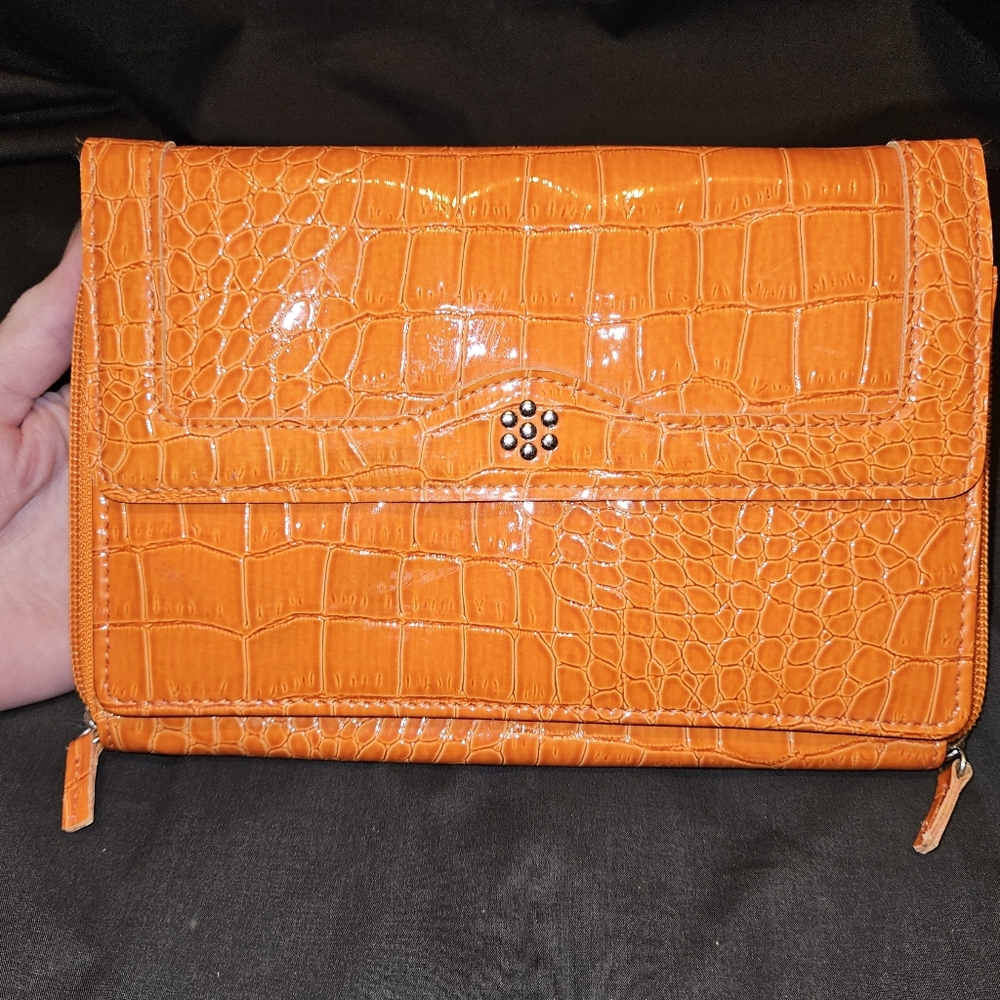 Ladies Orange Crocodile Alligator Design Hand Clutch Wallet Purse